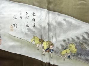 アンティーク　東海道五十三次模様肩裏本場泥大島紬100亀甲男物羽織